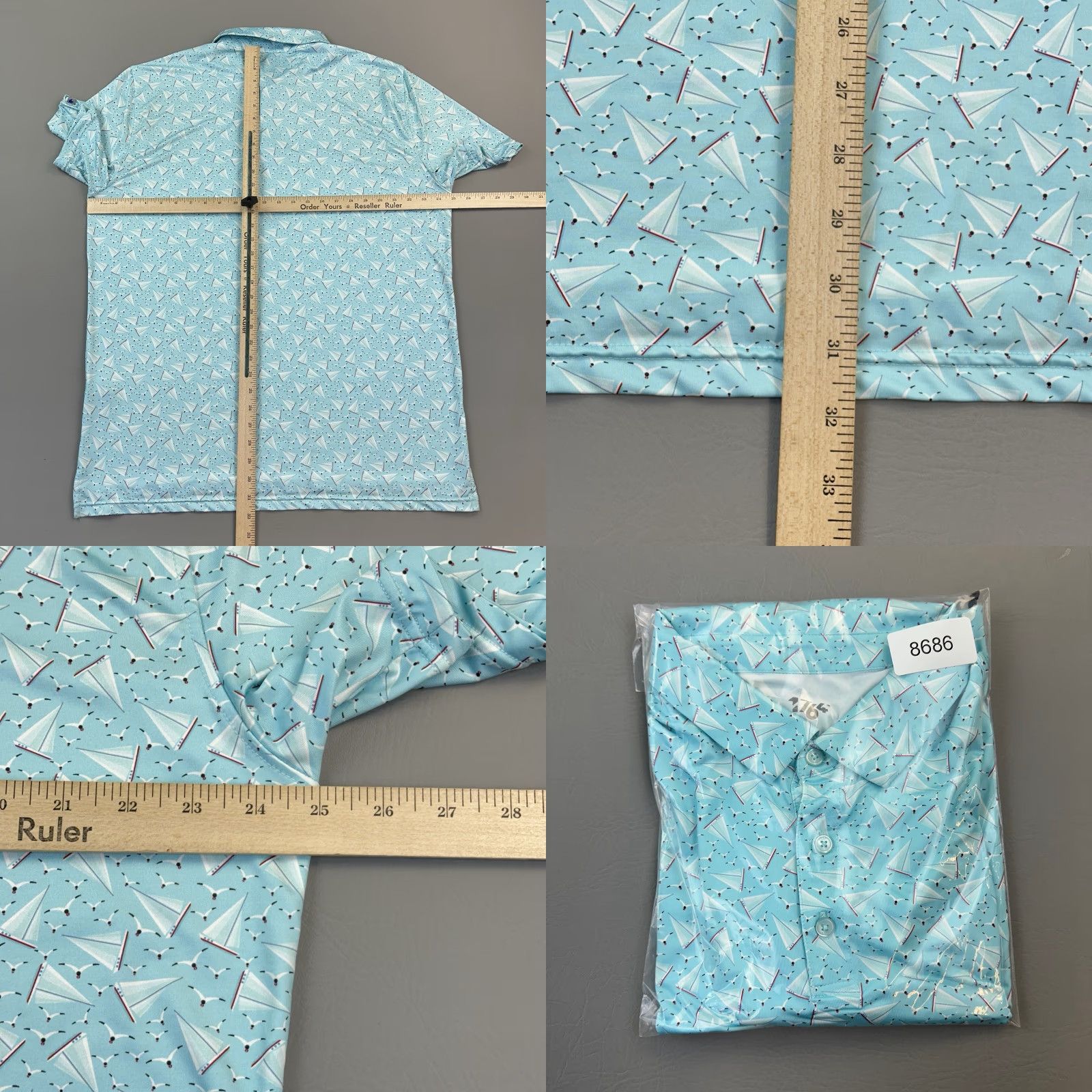Vintage 1764 Polo Shirt Mens XL Blue Sailboat Print Performance Stretch Golf Casual Shirt Size US XL / EU 56 / 4 - 8 Thumbnail