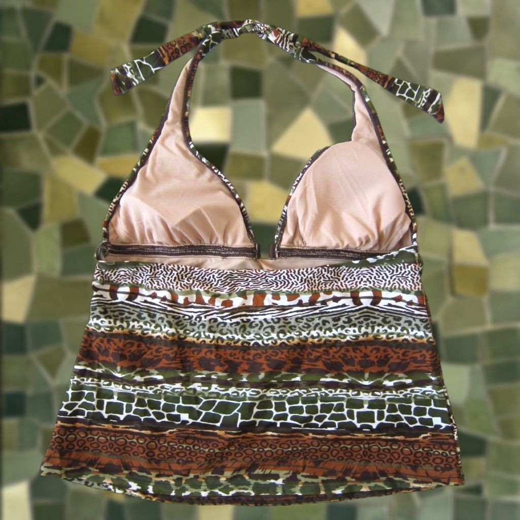 Vintage Jaclyn Smith Green Brown Animal Print Built In Bra Halter Tankini Swim Top 16 Size XXL / US 16-18 / IT 52-54 - 1 Thumbnail