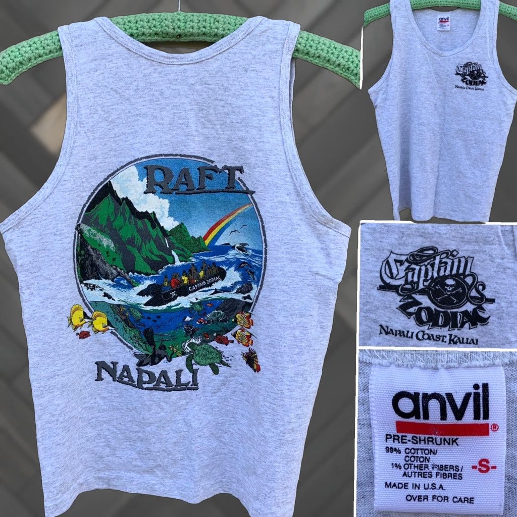 Anvil VINTAGE Anvil Captain Zodiak Napali Coast Kauai Raft Kauai Tank Top Unisex S Gray Cotton Blend Preshrunk Graphic Print T-Shirt USA Made Size US S / EU 44-46 / 1 - 1 Thumbnail