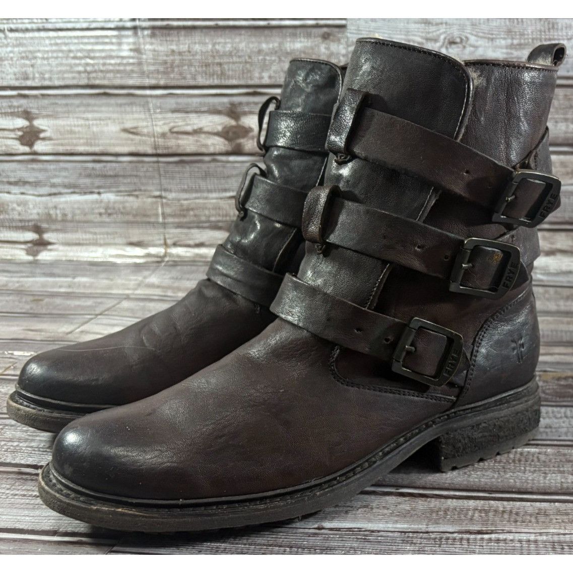 Frye Valerie Strappy Leather Shearling Motto Boots Size 9.5