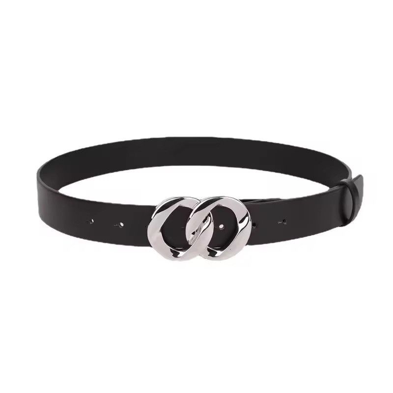 Leather Double Loop Chain Buckle Basic Black Glossy PU Leather Belt Size ONE SIZE - 2 Thumbnail