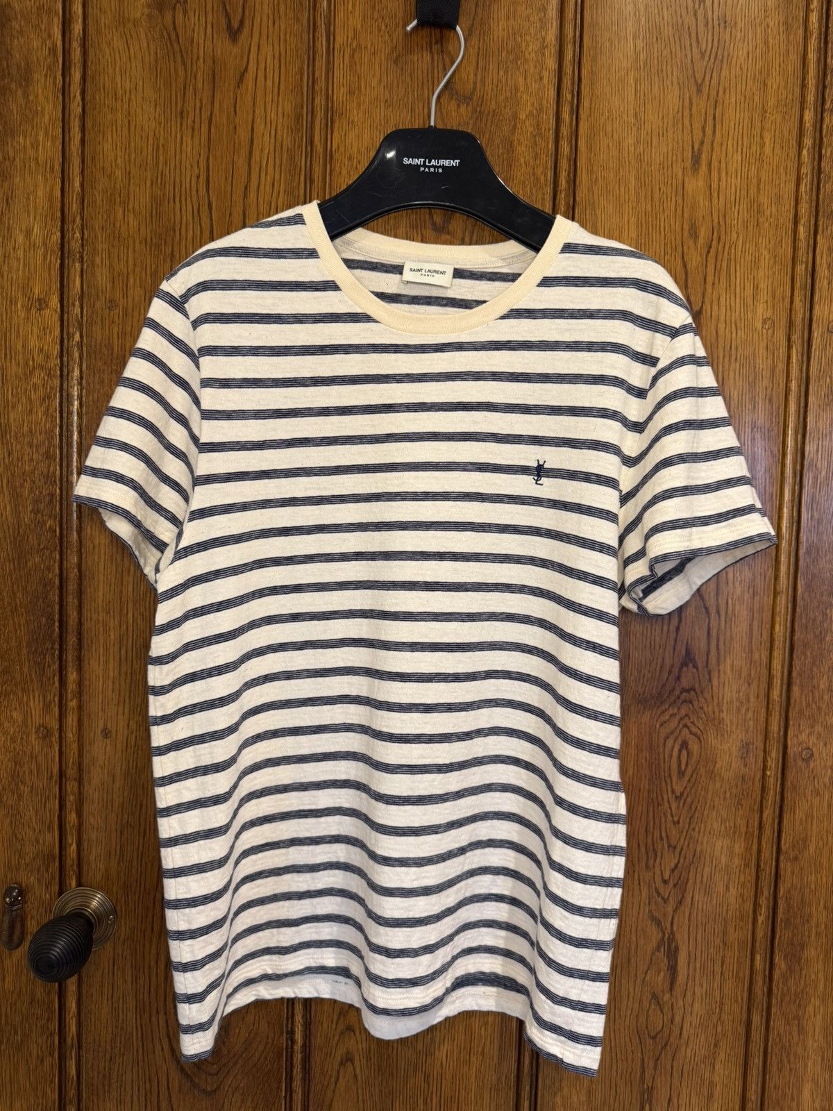 Saint Laurent Paris $620 Saint Laurent STRIPED CASSANDRE T-SHIRT