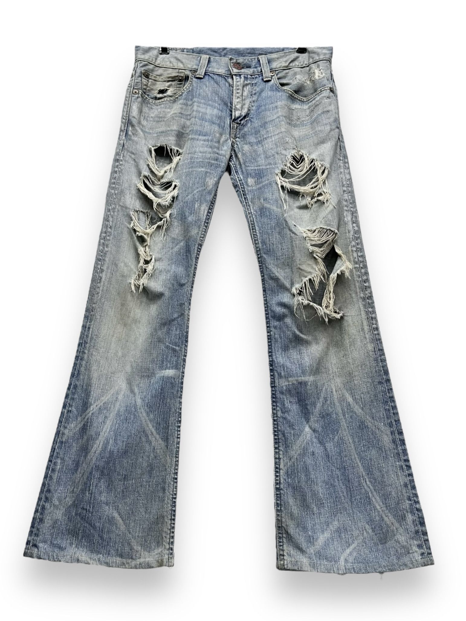image of Fyeedwin Blue Trip Ripped Thrashed Blow Out Flared Denim, Men's (Size 31)