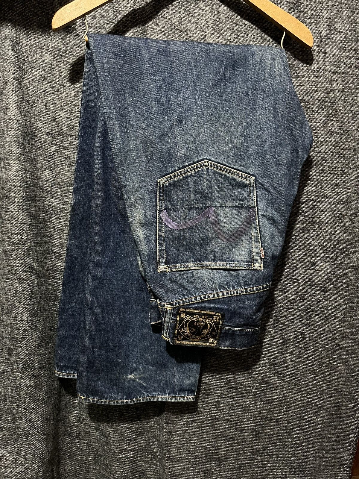 image of Evisu Limited Edition Purple Seagull Black Patch Denim in Raw Indigo, Men's (Size 31)