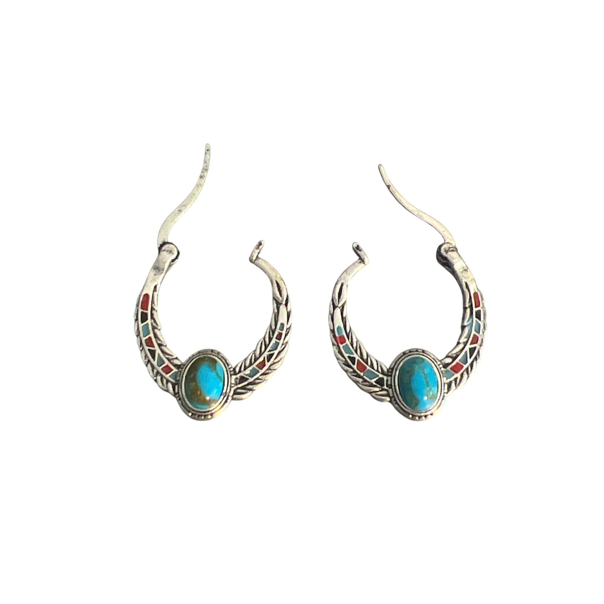 Other Vintage Silver Tone Hoop Earrings Faux Turquoise Enamel Sout Size ONE SIZE - 4 Thumbnail