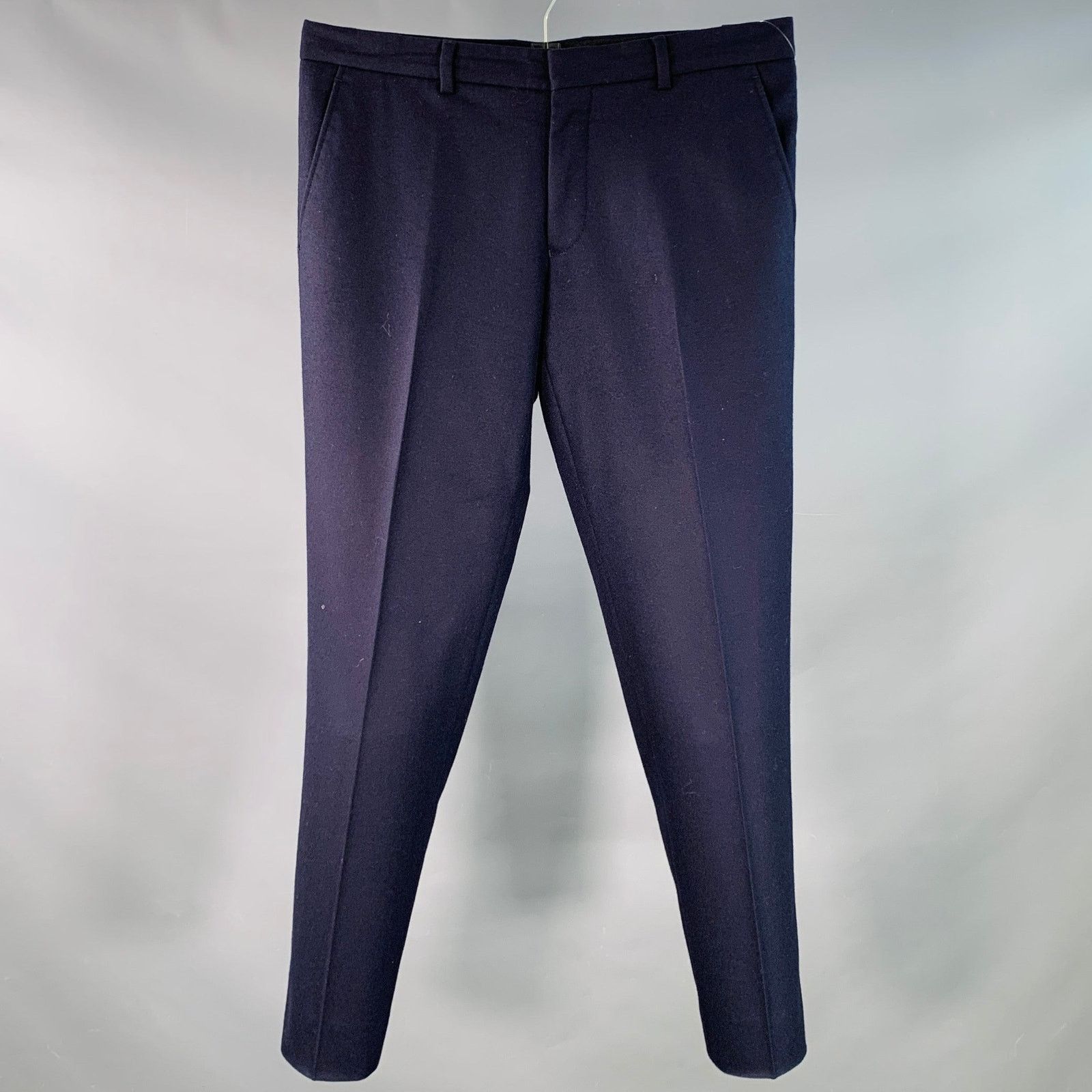 Size 31 Navy Wool Twill Flat Front Tapered Dress Pants