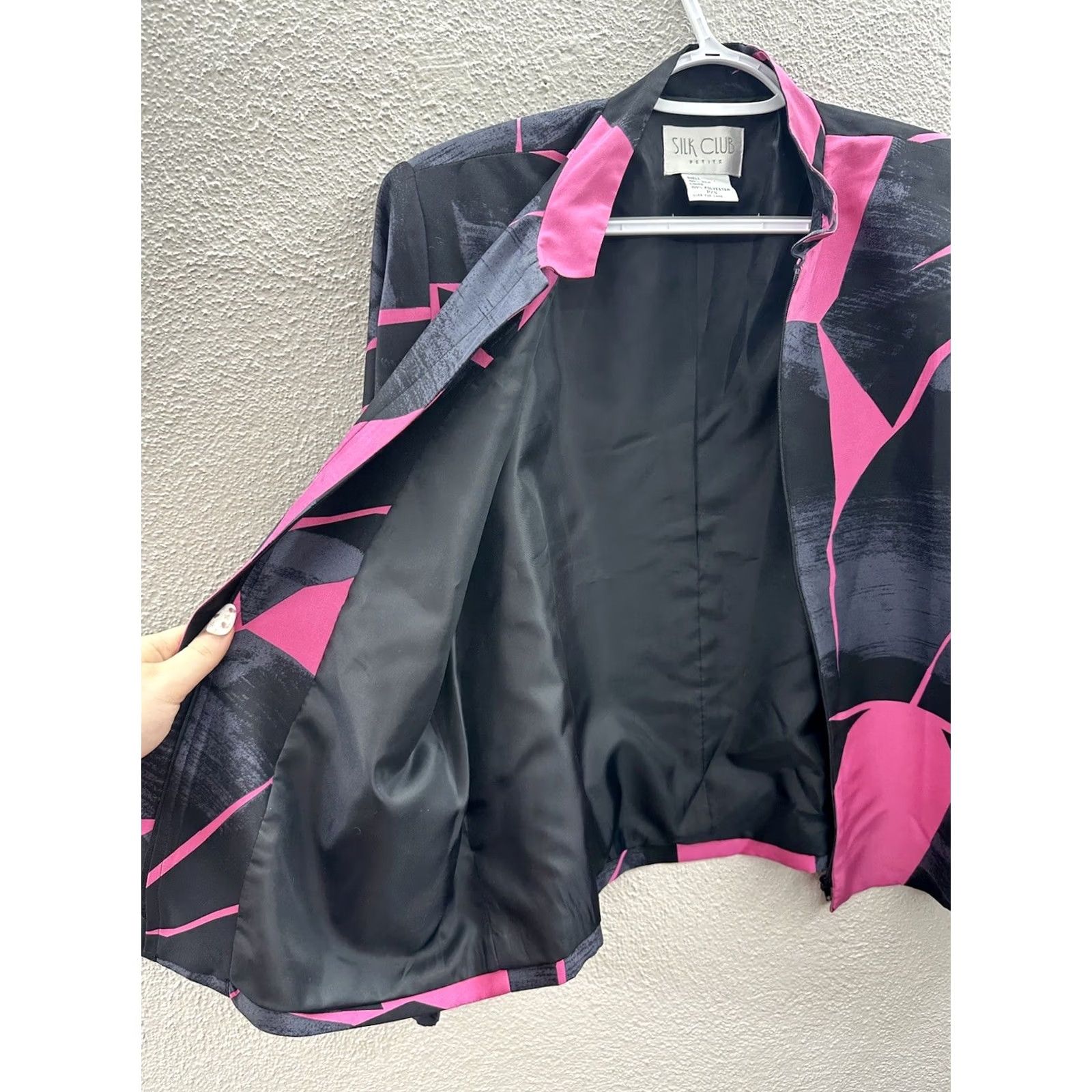 Vintage Silk Club Jacket Womens Petite Small Pink Black Zip Up Geometric Mid-Length Satin Lining Static Size S / US 4 / IT 40 - 6 Thumbnail