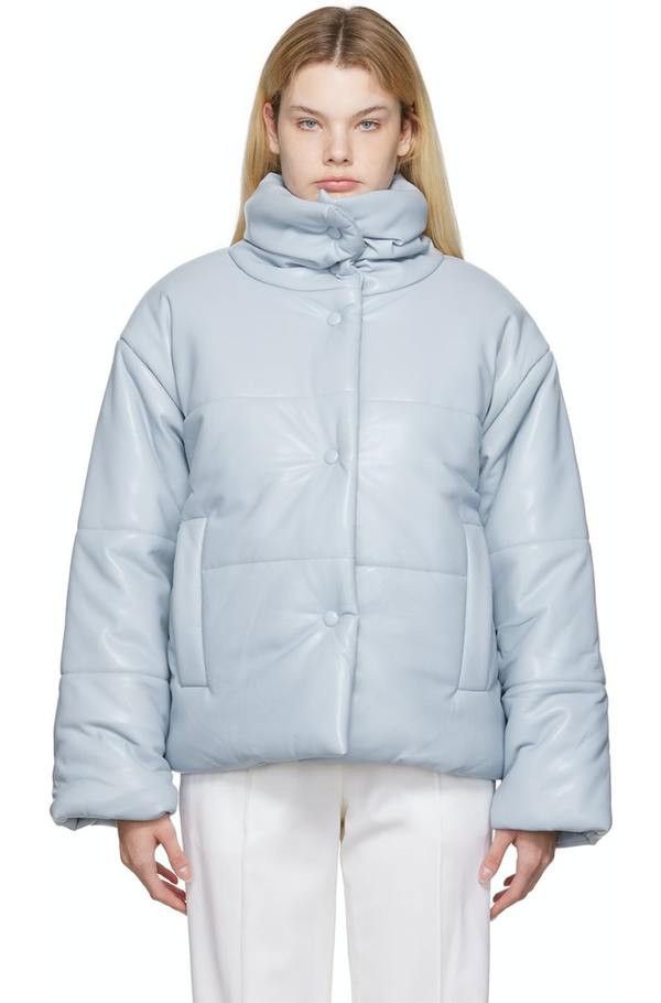 Dusty Blue Vegan Leather Hooded Puffer Jacket