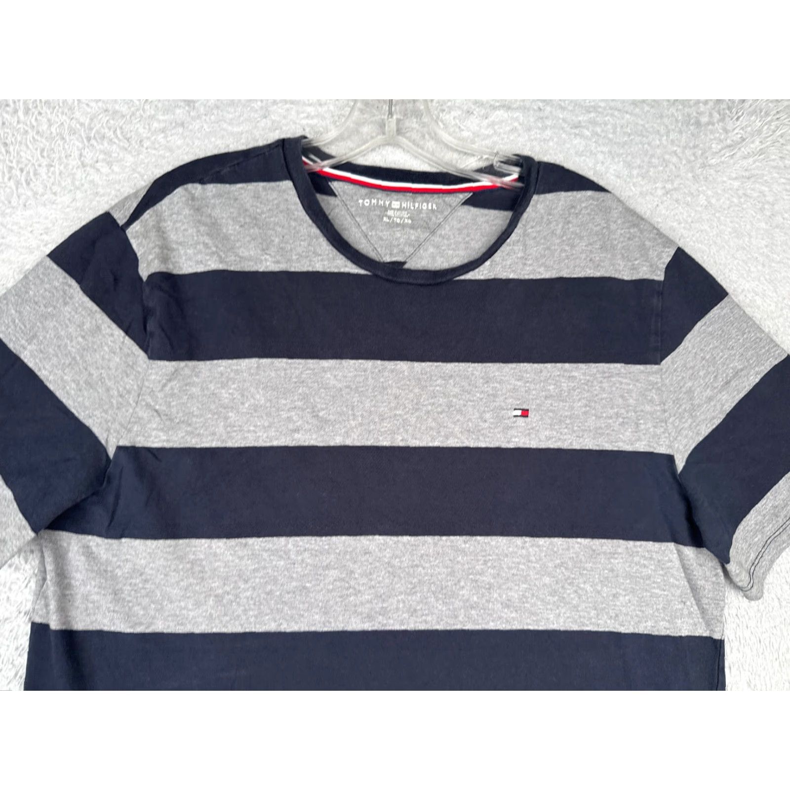 Tommy Hilfiger Tommy Hilfiger Shirt Adult XL Gray Blue Stripe Short Sleeve Crew Cotton Logo Size US XL / EU 56 / 4 - 4 Thumbnail