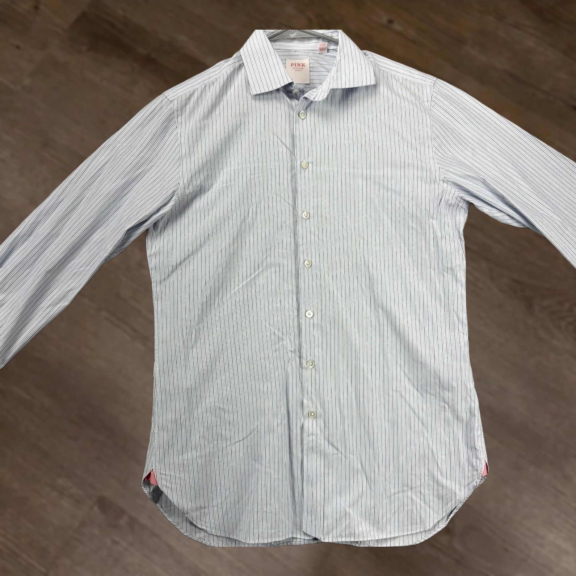Pinko PINK Shirt Mens 15.5 Blue Grey Pinstripes Tailored Fit Dress Button Up Adult Size 42R - 1 Thumbnail