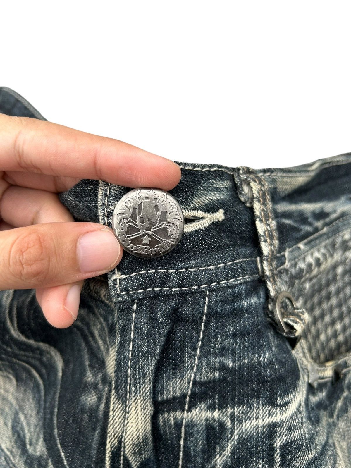 Seditionaries FLARE SKULL BLOW BY BLUE BUCKLE BACK PUNK DISTRESSED DENIM Size US 30 / EU 46 - 4 Thumbnail