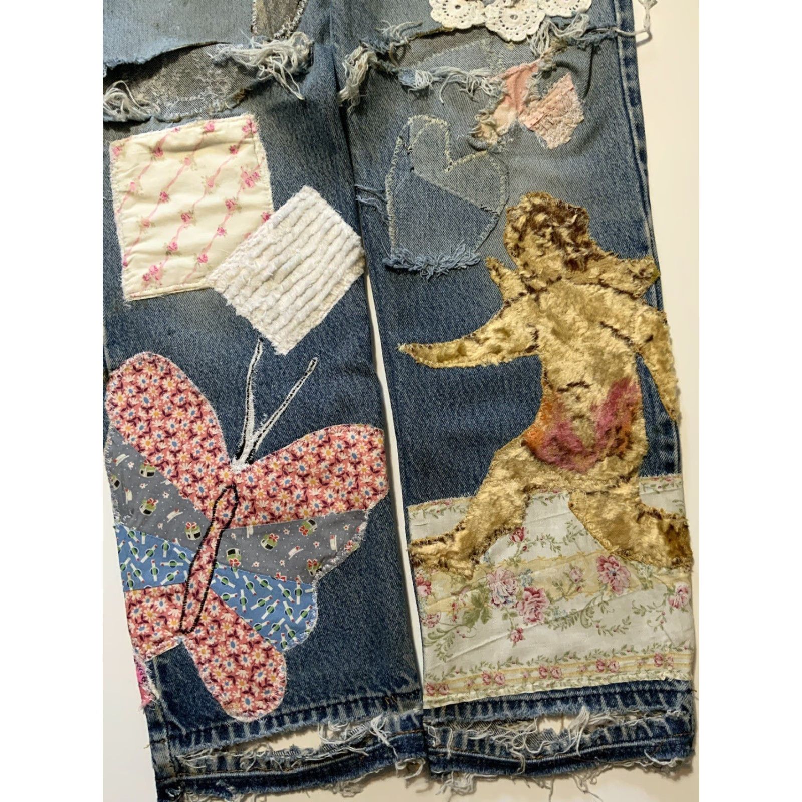 VINTAGE Levis Patchwork Peace Love Butterfly Cherub OOAK Rework 1/1 Denim Jeans - Levi's Jeans, Patchwork, 32x32, Blue, Button Fly, Classic Fit, Mens