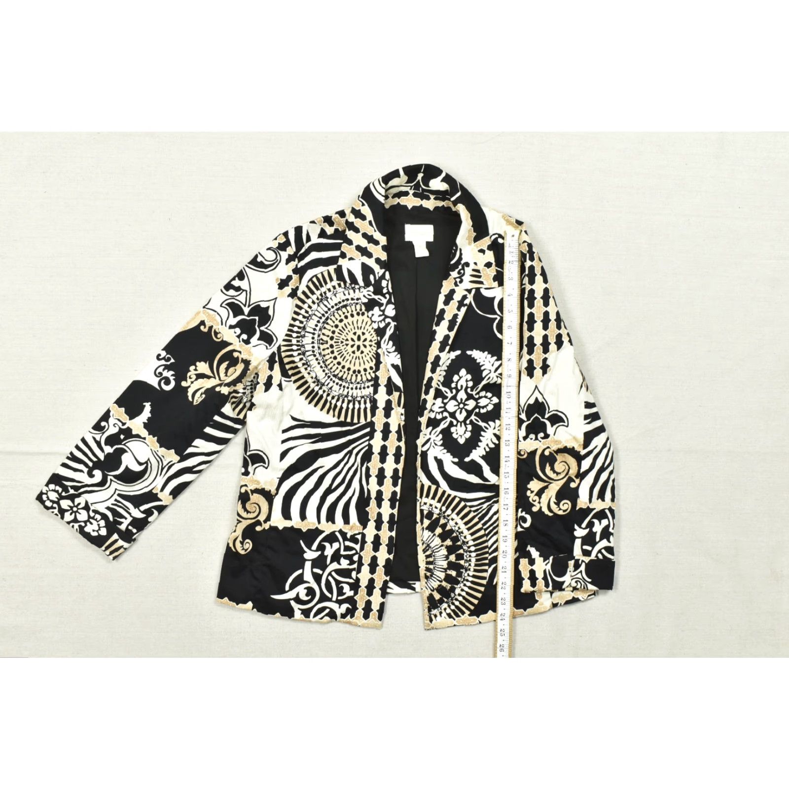 Vintage Chico's Blazer Shirt Women Small Black White Gold Scarf Print Stretch Cotton Blend Jacket Size XS / US 0-2 / IT 36-38 - 5 Thumbnail