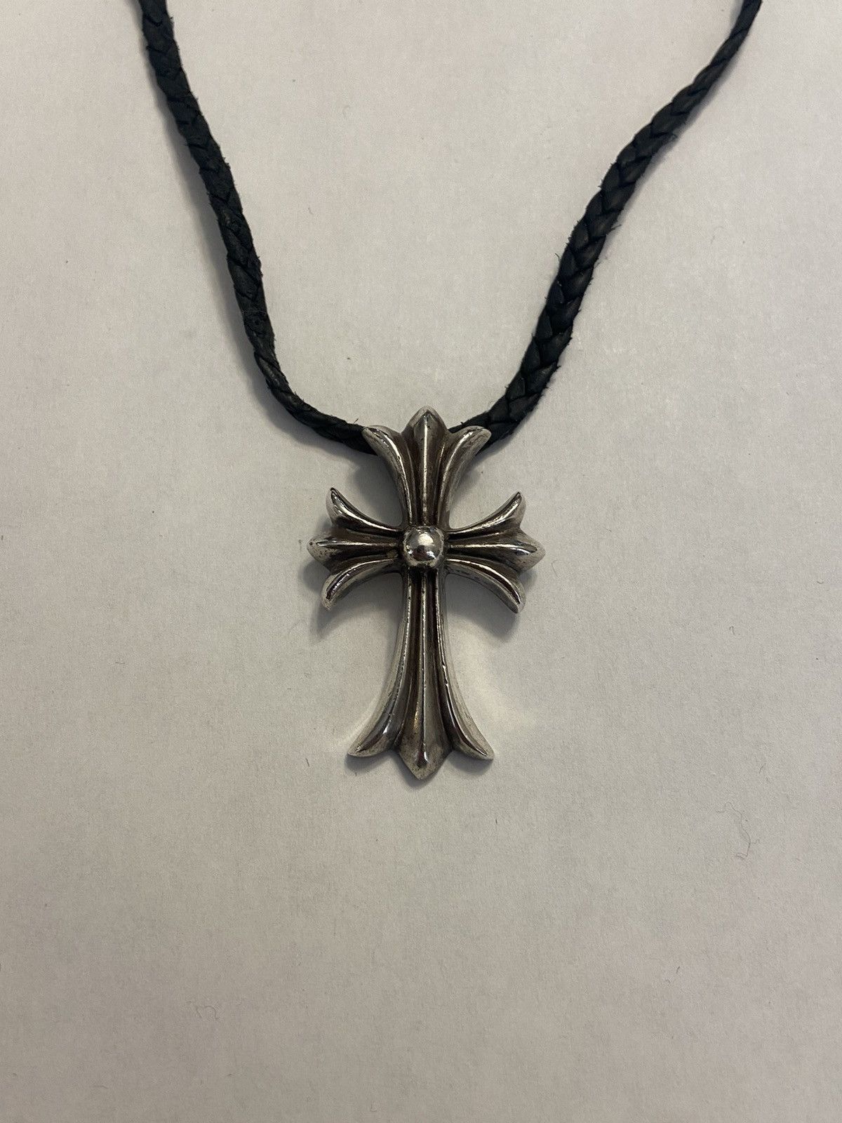 Pre-owned Chrome Hearts Large Cross Pendant Leather Bolo Necklace Tips In Silver