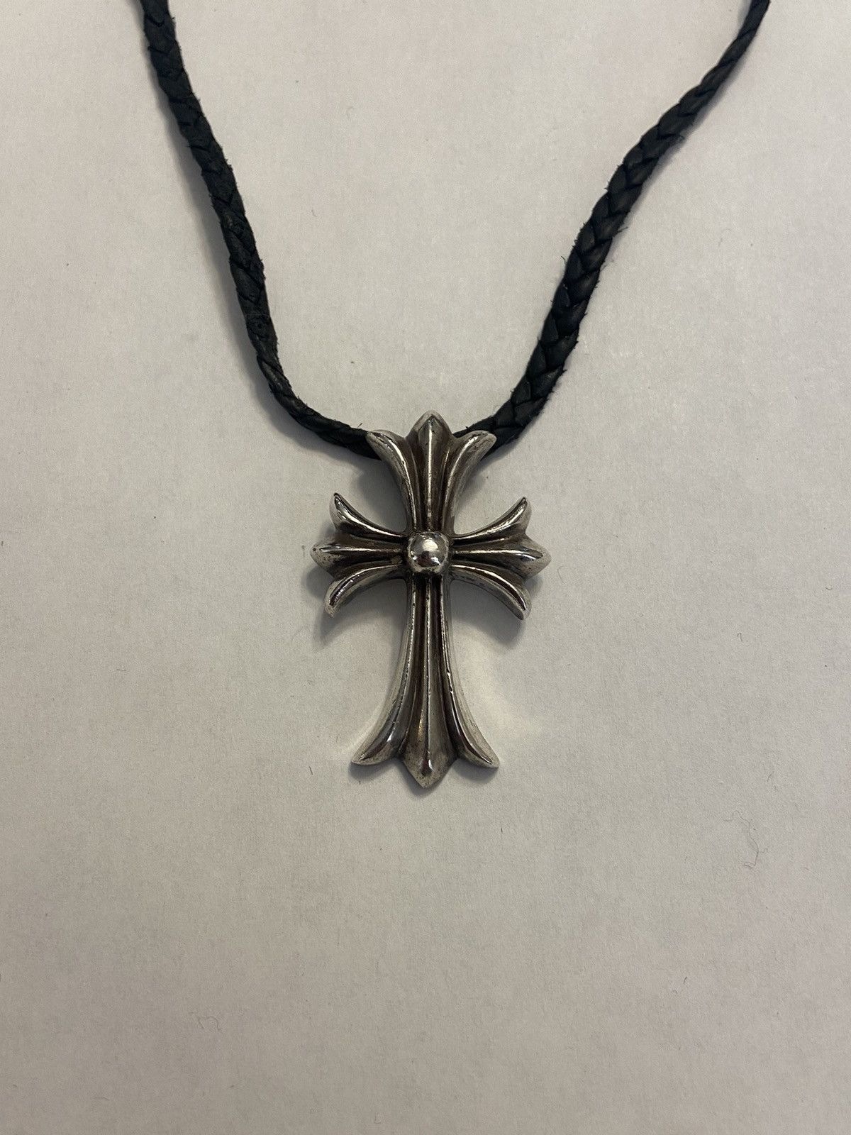 image of Chrome Hearts Large Cross Pendant Leather Bolo Necklace Tips in Silver, Men's