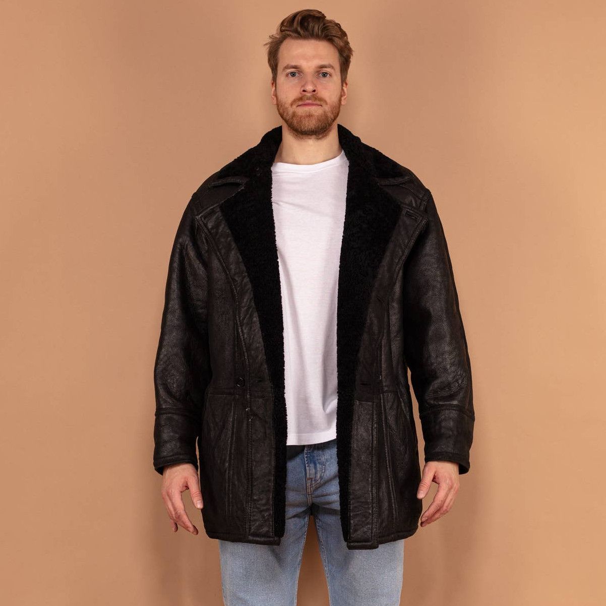 image of Sheepskin Coat Vintage 90's Men Sheepskin Leather Coat In Black (Size Large)