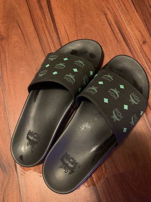 MCM Black and green Mcm slides Grailed