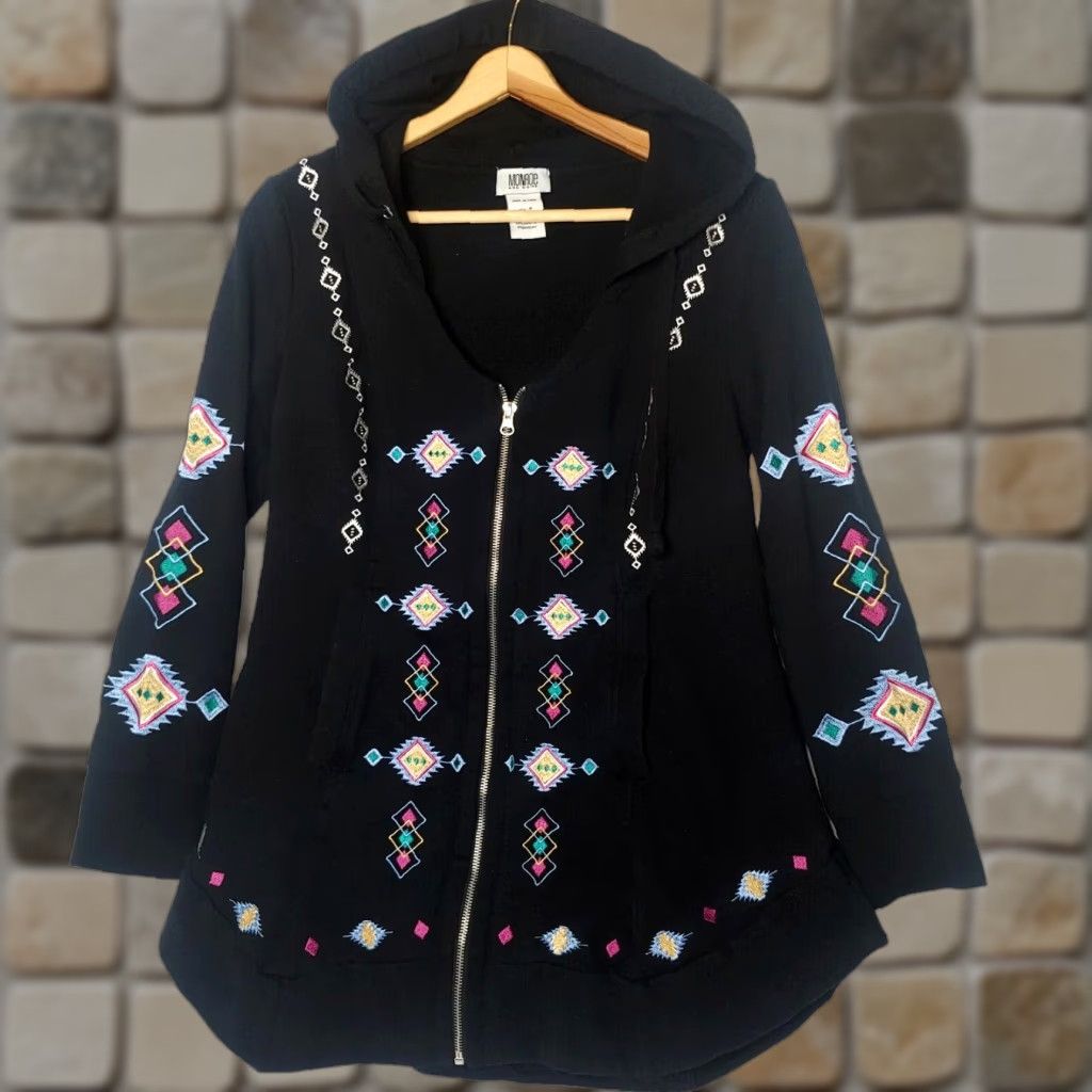 Vintage Monroe & Maine Women's Full Zip Sweatshirt M Black Hooded Boho Southwest Aztec Artsy Size M / US 6-8 / IT 42-44 - 1 Thumbnail