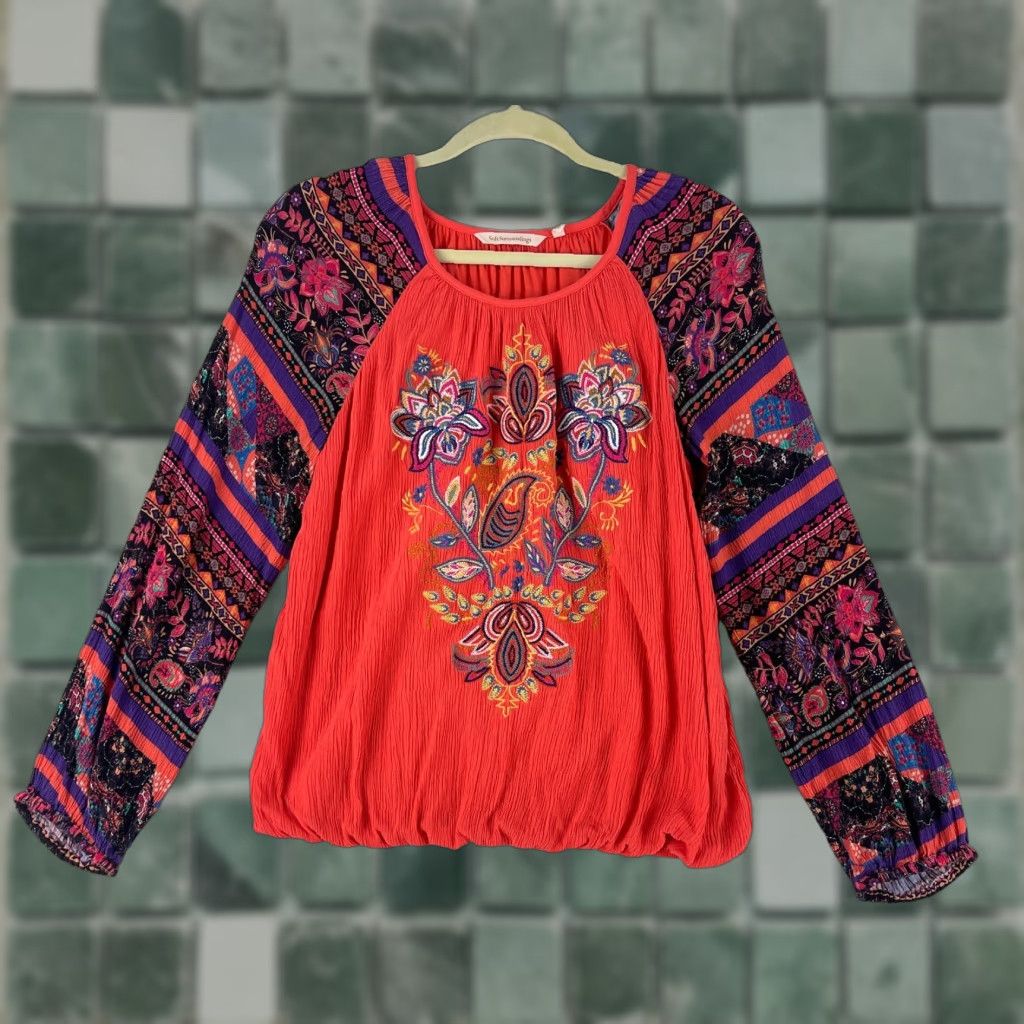 Soft Surroundings Soft Surroundings Blame Rio Embroidered Shirt Womens Long Sleeve Size M Orange Casual Bohemian Womens Regular Sleeve Shirt Size M / US 6-8 / IT 42-44 - 1 Thumbnail