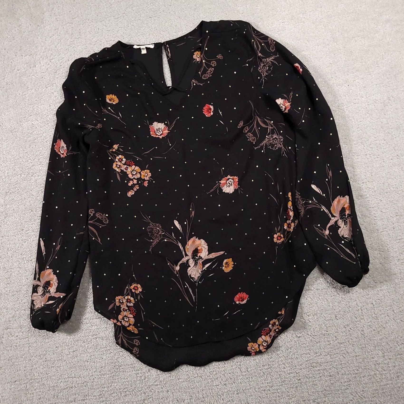 Vintage Maurices Women's XS Black Gold Floral Shirt Long Balloon Sleeves Shimmer Sheer Size XS / US 0-2 / IT 36-38 - 2 Thumbnail