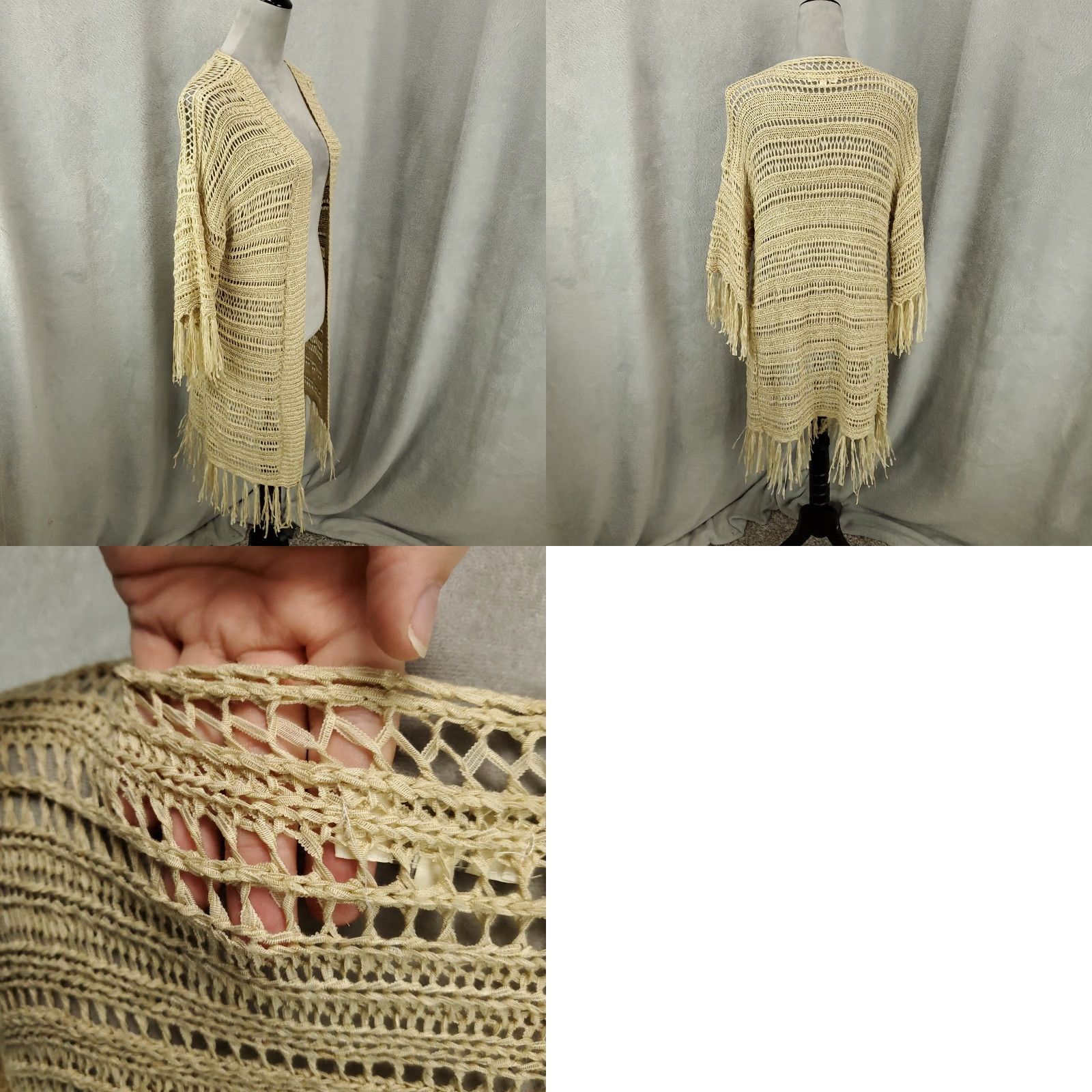 Vintage UMGEE Women's Cardigan Beige Long Sleeve Knit Sweater with Fringe Accents Size L Bohemian Size L / US 10 / IT 46 - 8 Thumbnail