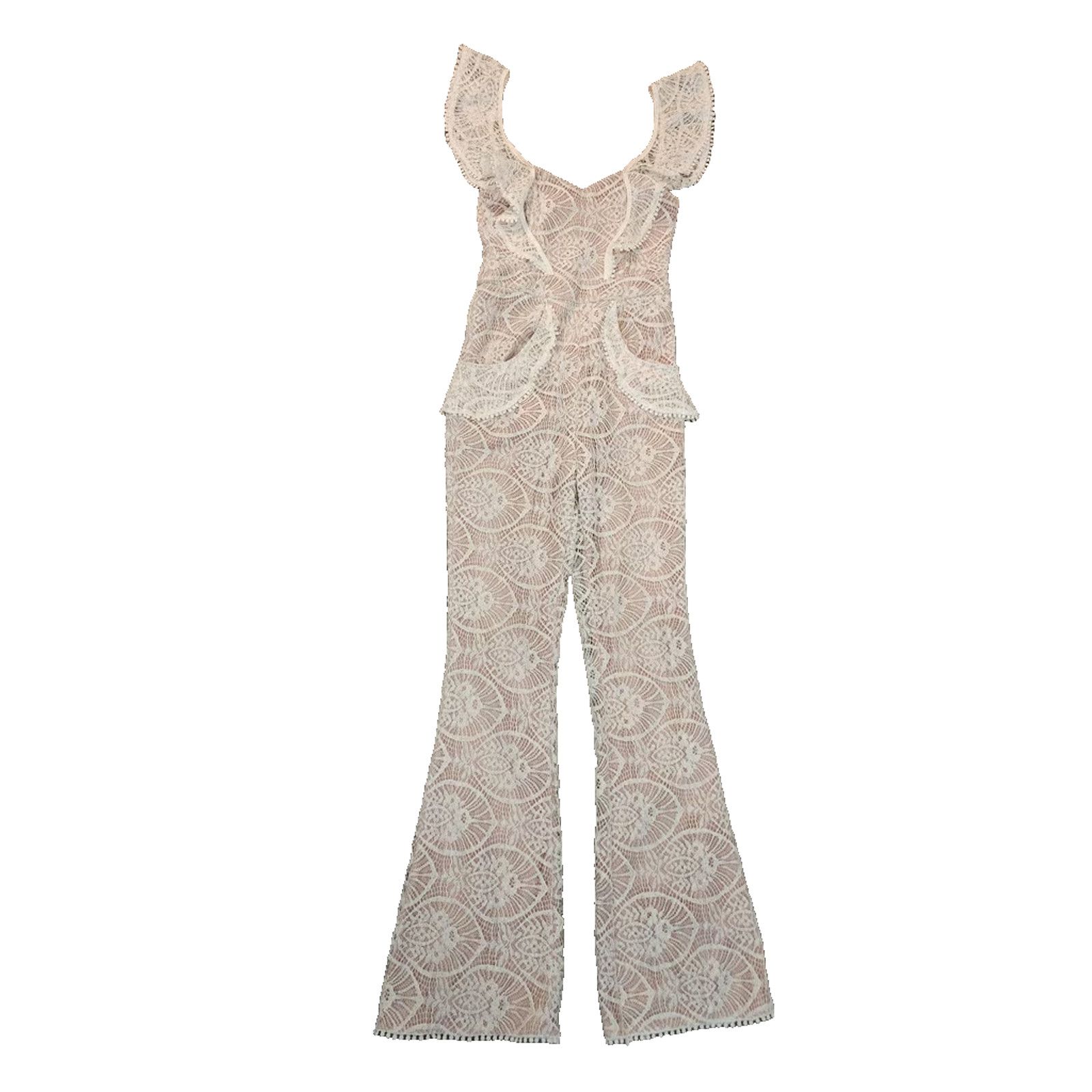 Other ALPHA & OMEGA - CREAM IVORY ALL LACE FLARE LEG JUMPSUIT SZ M Size 28" / US 6 / IT 42 - 3 Thumbnail