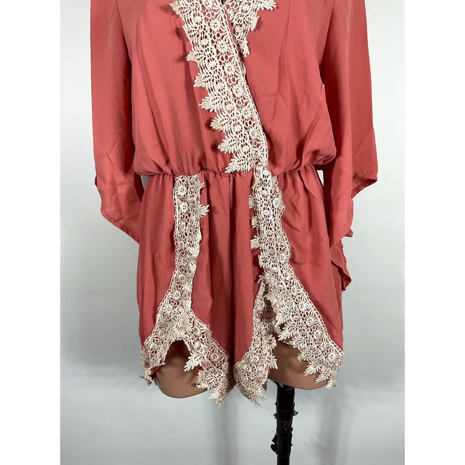 Vintage Poetry Coral Pink boho romper Jumpsuit Deep V lace detail Women's S Festival Size 28" / US 6 / IT 42 - 4 Thumbnail