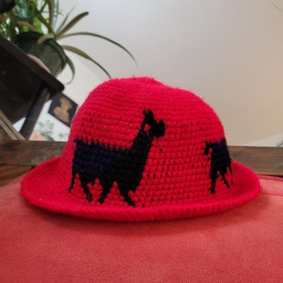 Other Hand knitted crochet red black and blue alpaca buket hat Size ONE SIZE - 1 Thumbnail
