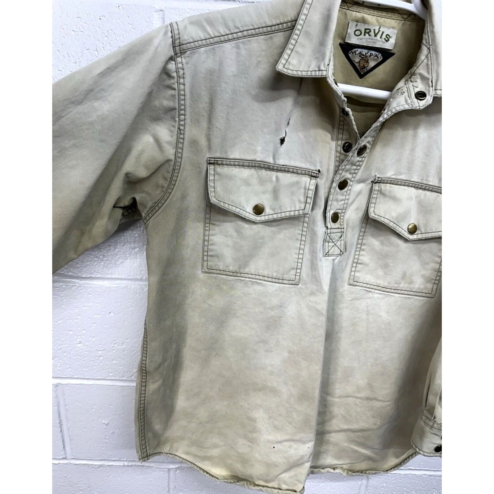 Orvis VINTAGE ORVIS Canvas Popover Shirt Medium Green Heavyweight Cotton Snap Front Destroyer Mens Size US L / EU 52-54 / 3 - 3 Thumbnail