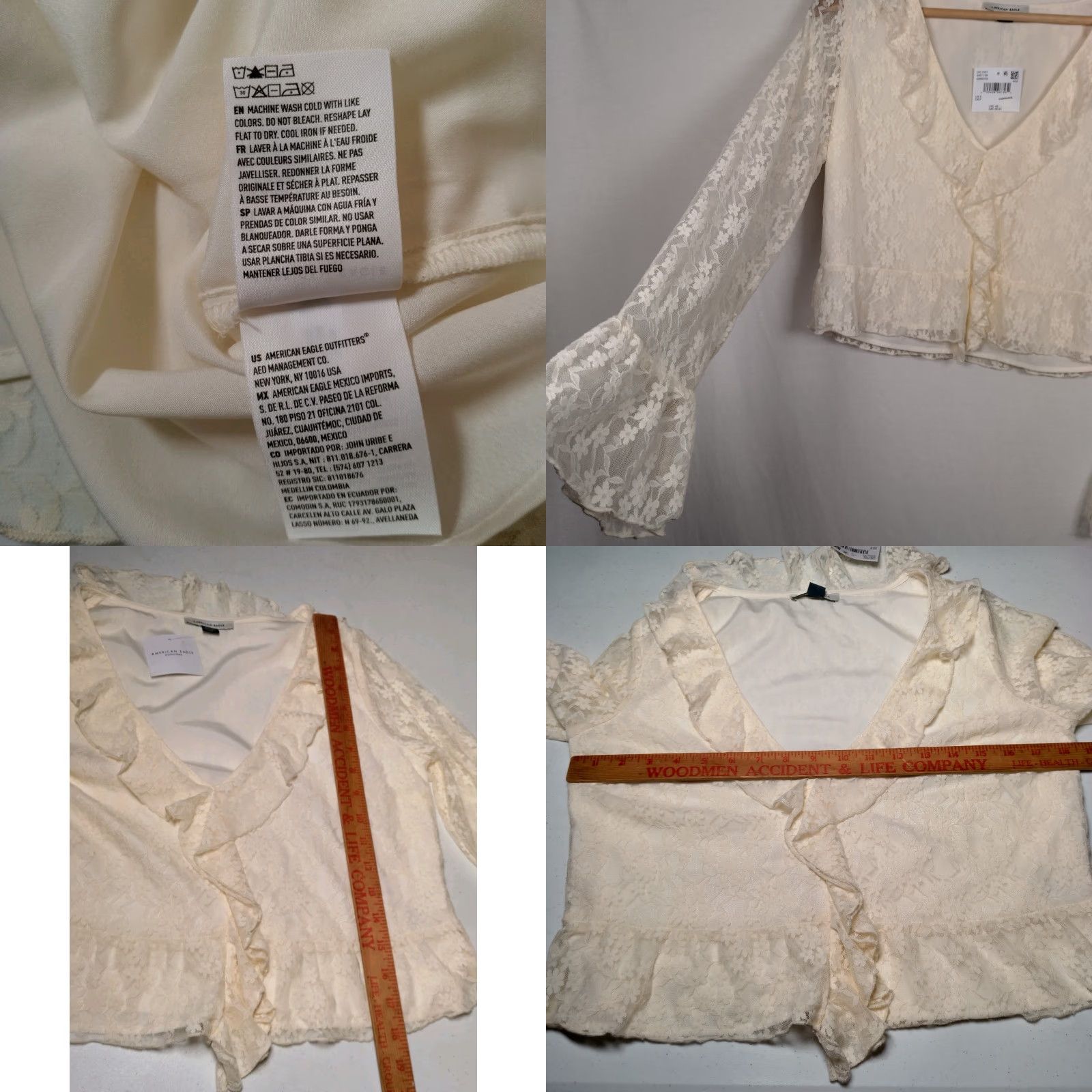American Eagle Outfitters VINTAGE American Eagle Outfitters Shirt Small Cream Floral Lace Cropped Bell Sleeve V-Neck PULLOVER Fairycore Womens Size S / US 4 / IT 40 - 8 Thumbnail