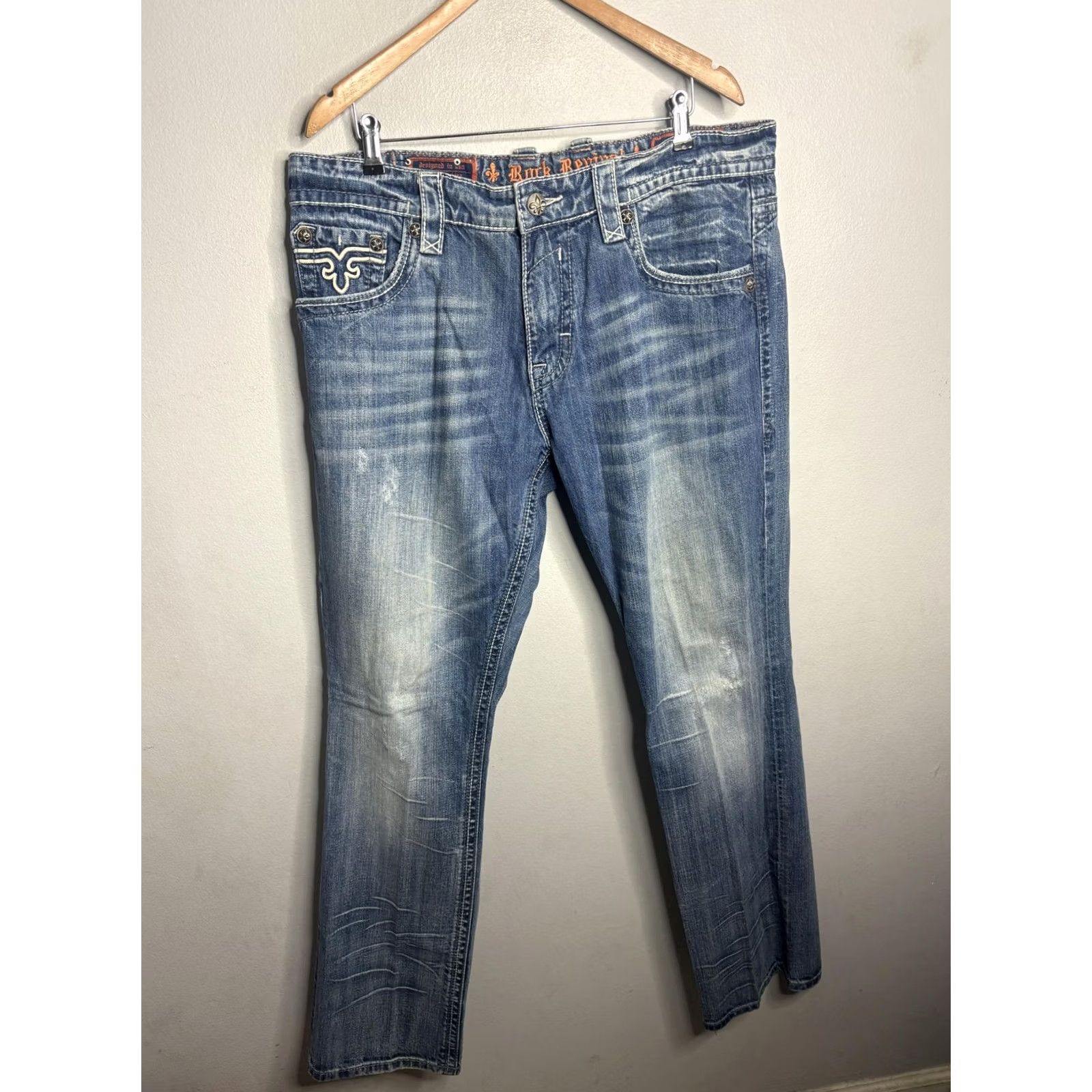 Vintage VINTAGE Rock Revival Barnet Straight Jeans Mens 38 Blue Distressed Pockets Fluer-de-lis Embroidered Back Size US 38 / EU 54 - 4 Thumbnail