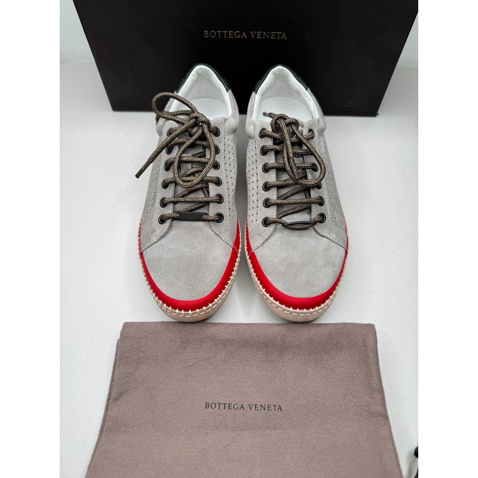 Bottega Veneta NEW Bottega Veneta Low Top Suede Sneakers, Gray/Black/Red Size US 6 / EU 39 - 2 Thumbnail