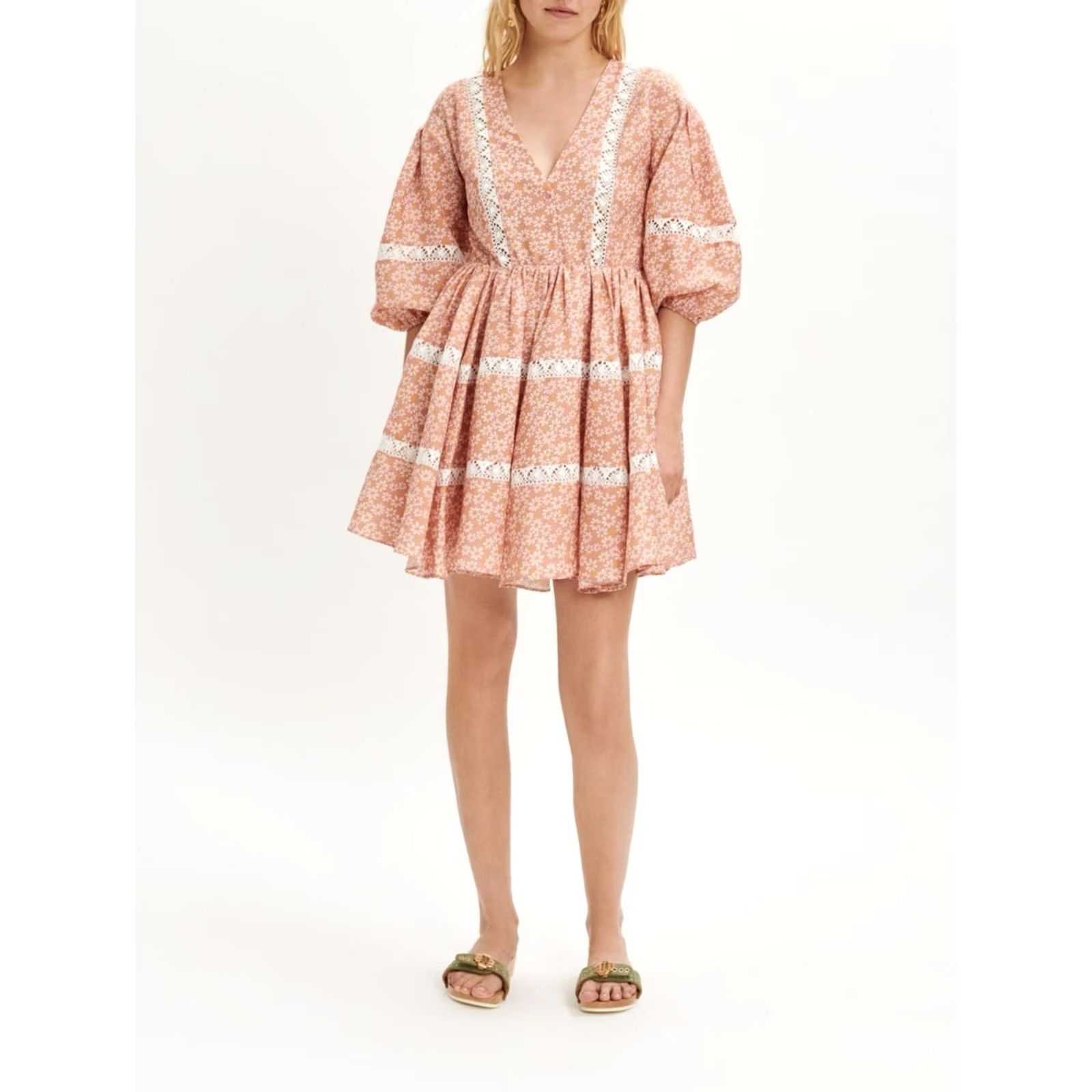 Maje Maje Rayanik Mini Dress Pink Floral Print Linen Blend 36 Midi Dress Women Vintage Floral Lace Pleated Girls Mens Size XS / US 0-2 / IT 36-38 - 3 Thumbnail