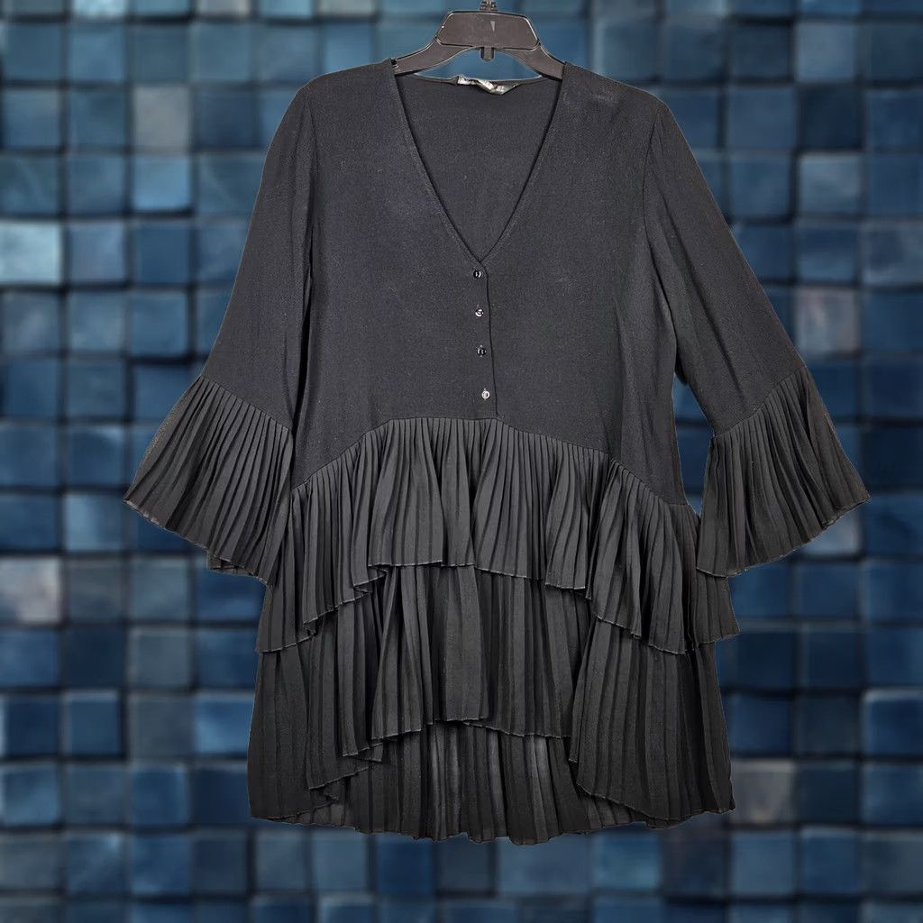 Zara Zara Black Pleated V-Neck Mini Blouse Dress Bell Sleeve Sz S Women Mini Dress Casual Vintage No Size S / US 4 / IT 40 - 1 Thumbnail