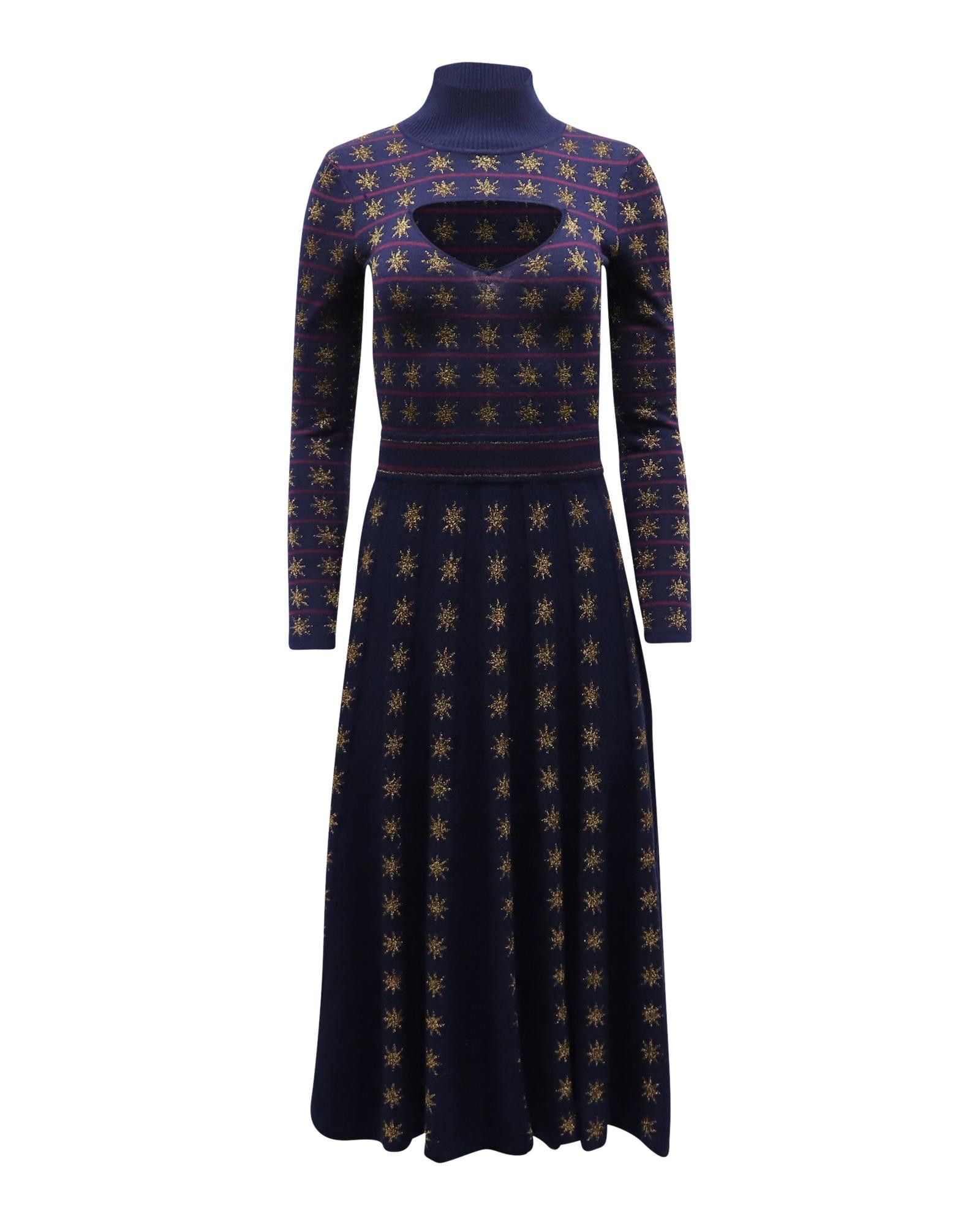 image of Temperley London Midnight Blue Metallic Intarsia Cutout Midi Dress With Soft Pleats in Navy Blue, W