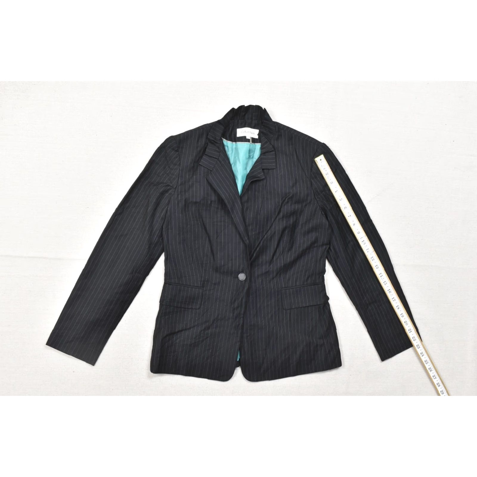 Calvin Klein Calvin Klein Blazer Women Size 6 Black Pinstripe Single Button Teal Lining Pro Medium-Length" Size M / US 6-8 / IT 42-44 - 5 Thumbnail