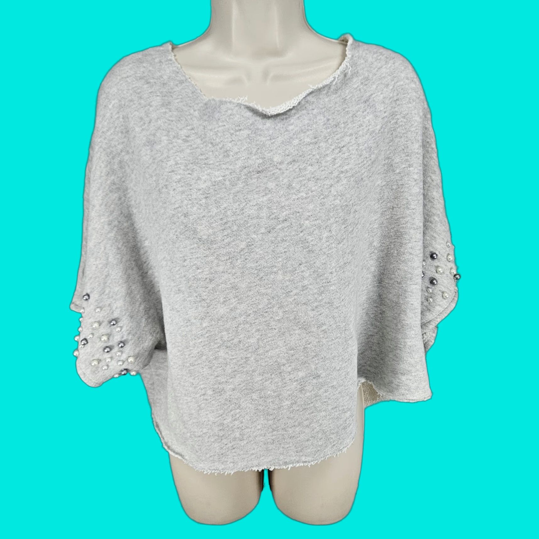 Anthropologie VINTAGE Anthropologie Grey Pearl Embellished Short Sleeve Oversized Sweatshirt Top O/S Shirt Womens Size ONE SIZE - 1 Thumbnail