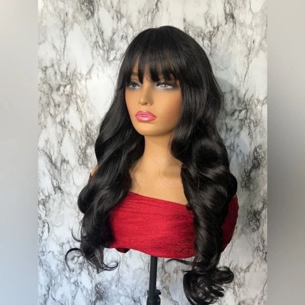 Other 26 Inch Long Wave Curly Black Wig with Bangs density 200% Size ONE SIZE - 2 Thumbnail