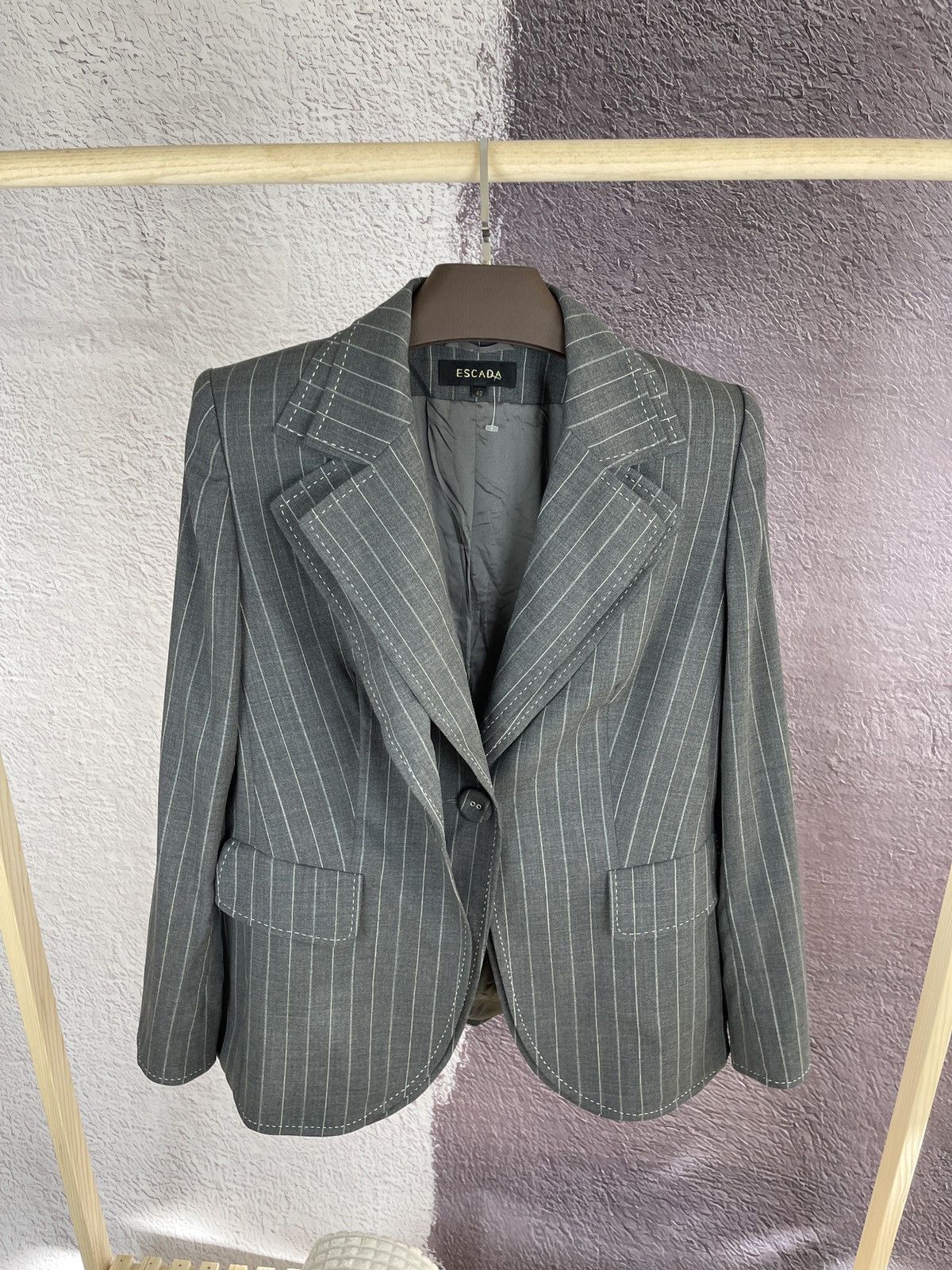 Escada Escada grey striped wool mohair double blazer Size XL / US 12-14 / IT 48-50 - 10 Thumbnail