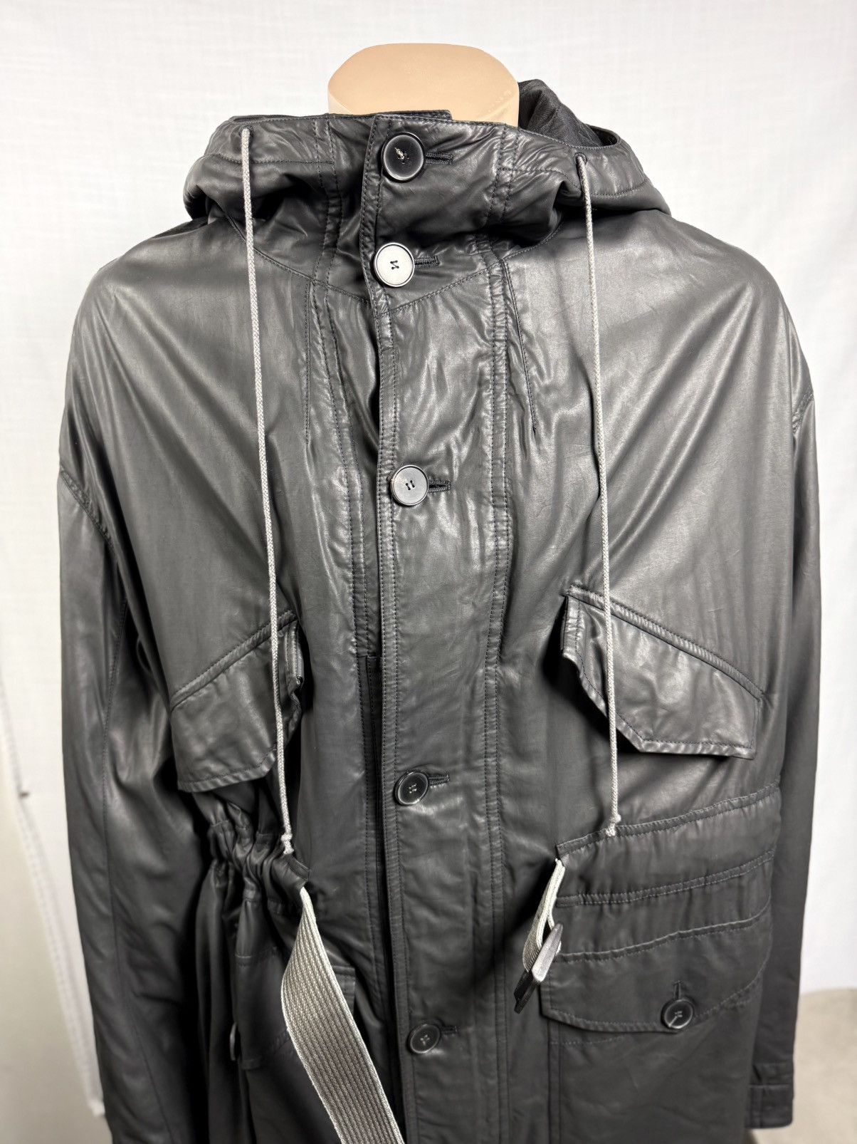 Haider Ackermann LAST DROP Waxed Black Cupro Blend Grey Belt Oversized Parka Size US M / EU 48-50 / 2 - 5 Thumbnail