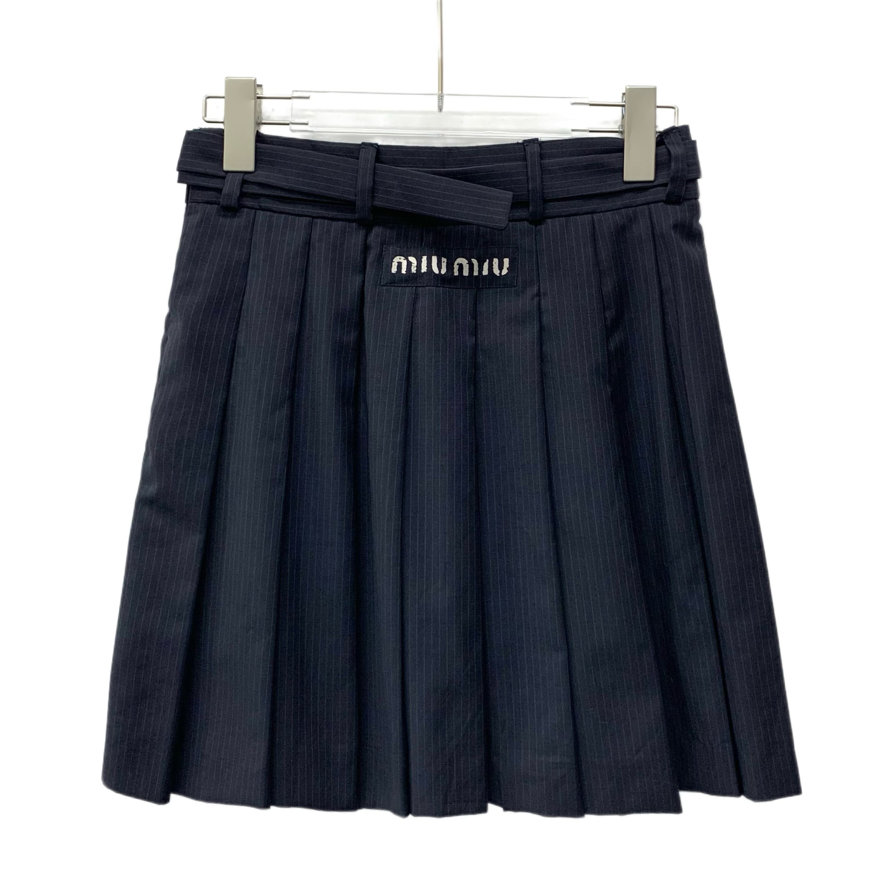 Miu Miu Miu Miu Dark Blue Striped Wool Pleated Skirt (Size S) Size 26" / US 2 / IT 38 - 8 Thumbnail