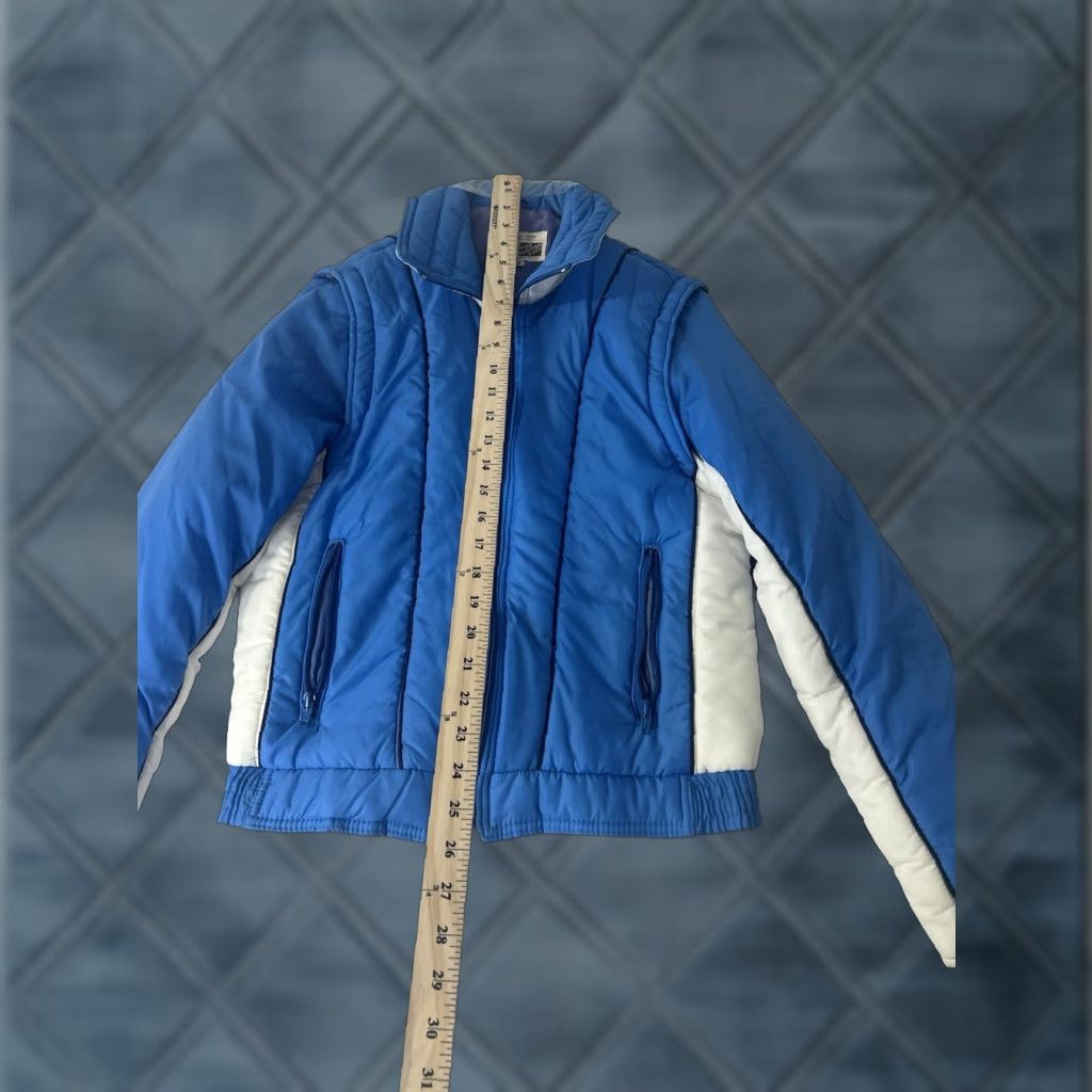 Sears VINTAGE Sears Windbreaker Jacket Blue Zip Up 80s 90s logo Removable Hood Packable Hood Zipper Pockets Water Resistant Wind-Resistant Mid-Length Size M / US 6-8 / IT 42-44 - 1 Thumbnail