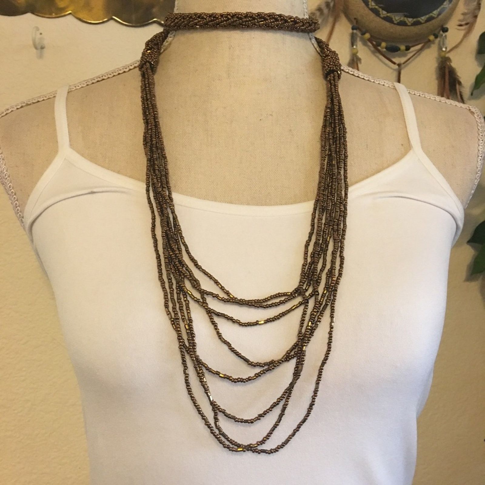 Vintage Copper tone seed bead braided pull on necklace Size ONE SIZE - 4 Thumbnail