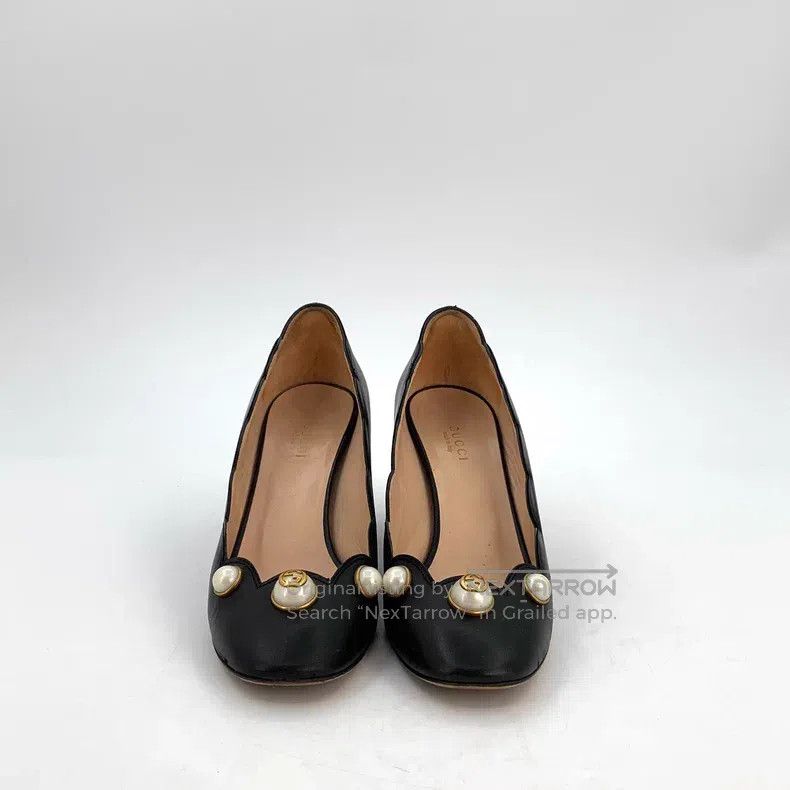 Gucci Gucci Black leather pearl thick heel high heels Size US 5 / IT 35 - 3 Thumbnail