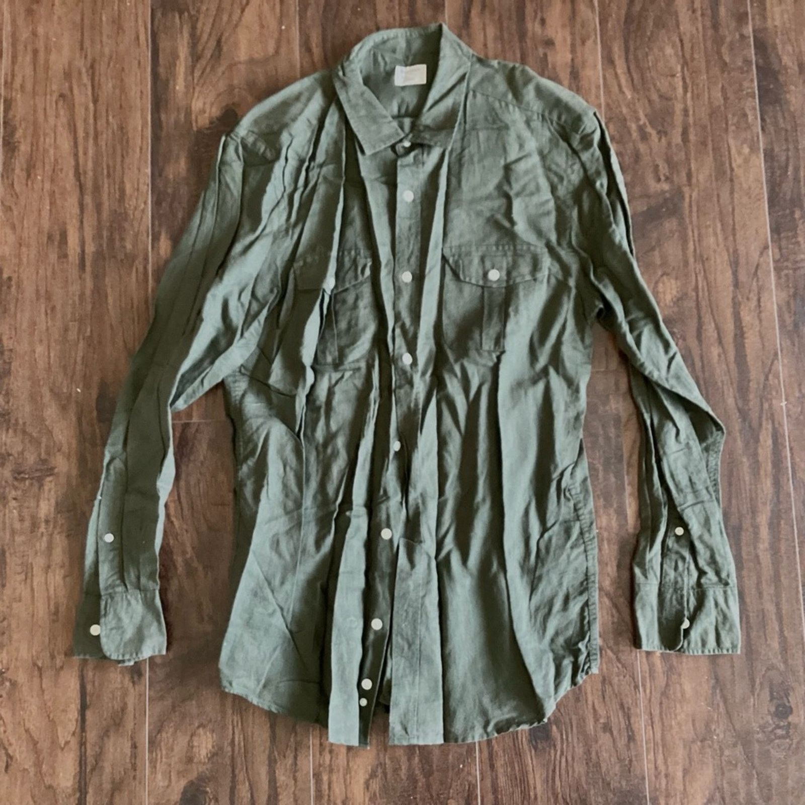 Old Navy Olive Green Linen Blend Button Down Size US L / EU 52-54 / 3 - 2 Thumbnail