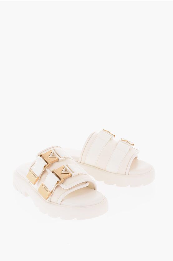image of Bottega Veneta Leather Bomber Slider Sandals With Double Buckle in Beige, Women's (Size 9)