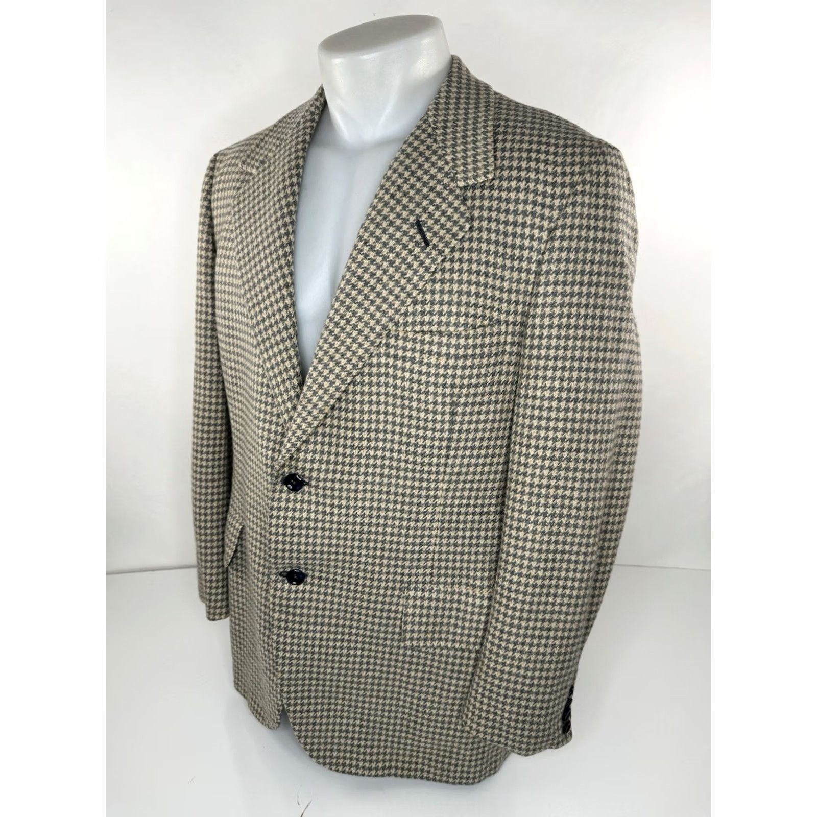 Vintage OXXFORD CLOTHES - Crown Cashmere - Houndstooth Wool Blazer Jacket 42 Mens Beige / Slightly Greenish Gray Size 42R - 3 Thumbnail