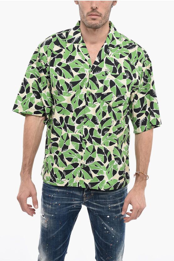 image of Dsquared2 Plant Patterned Cotton Bowling Shirt in Green, Men's (Size Large)