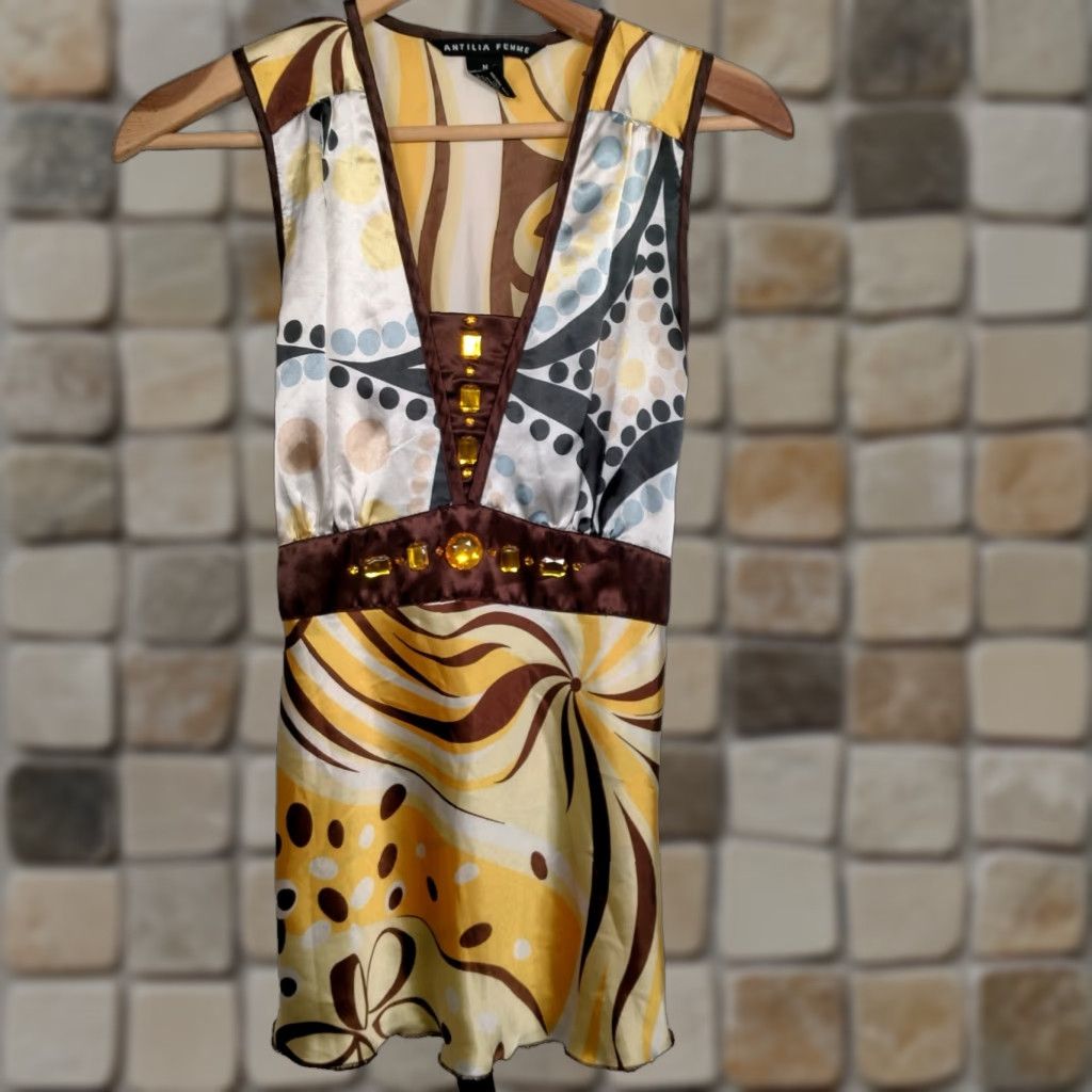 Vintage VINTAGE Antilia Femme Shirt Tank Sleeve Sleeveless Satin Yellow Bling Ties V-Neck Medium M Womens Clothing Size M / US 6-8 / IT 42-44 - 1 Thumbnail