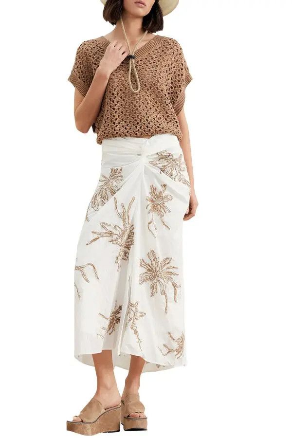 Brunello Cucinelli o1y0725 Embroidered Midi Skirt in White/Brown Size 30" / US 8 / IT 44 - 4 Thumbnail